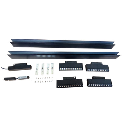 A set of black metal track or channel pieces with small mounting hardware, shown laid out on a plain white background.