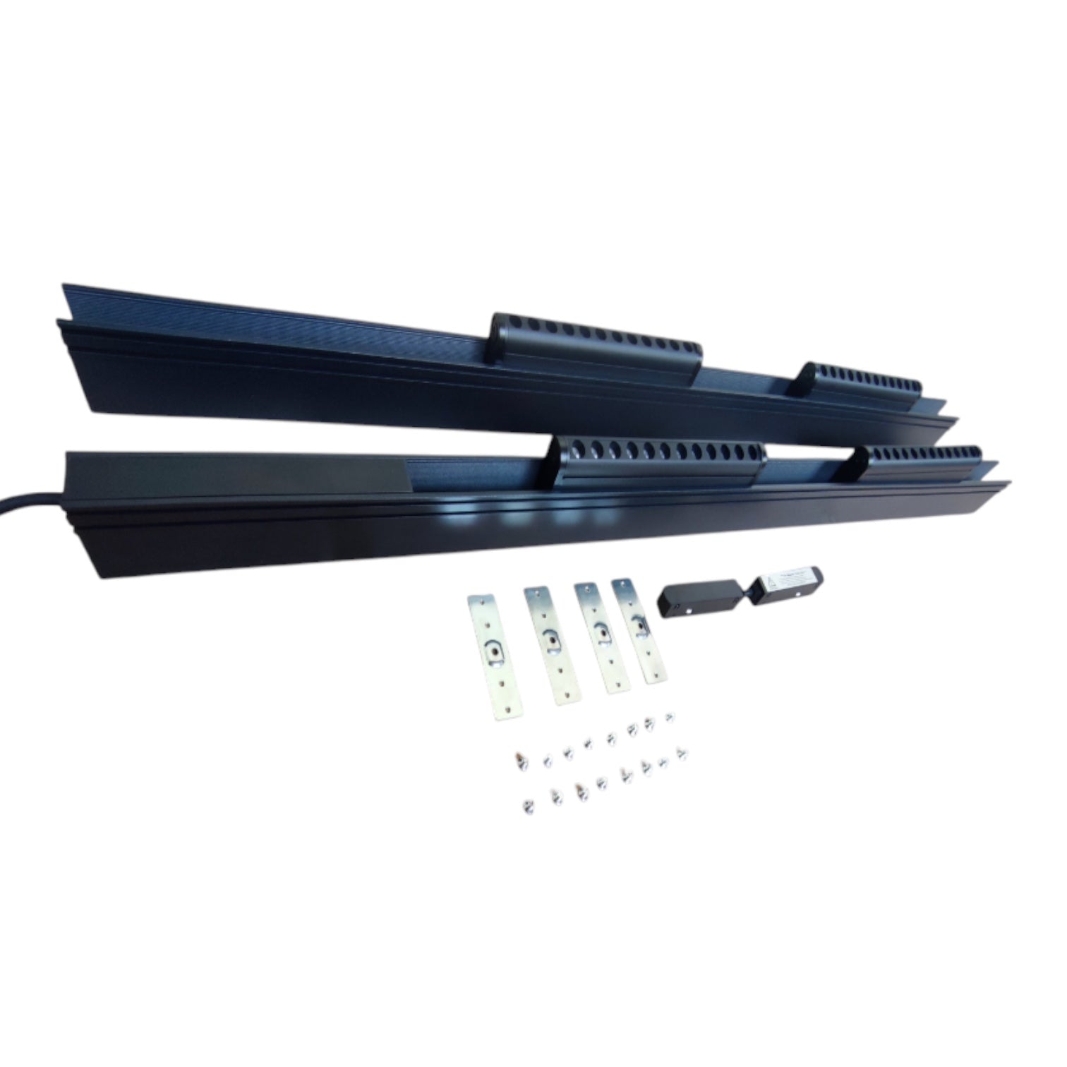 A dark metal track or guide rail kit with several long black rails, four small white mounting plates, and small hardware pieces arranged on a plain white background.