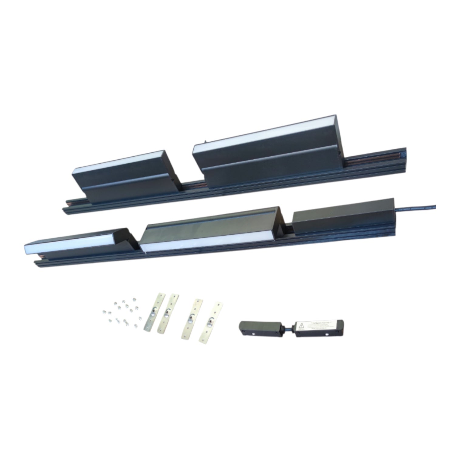 A set of dark gray metal track or rail components with silver inner panels, shown laid out on a plain white background along with small mounting hardware.