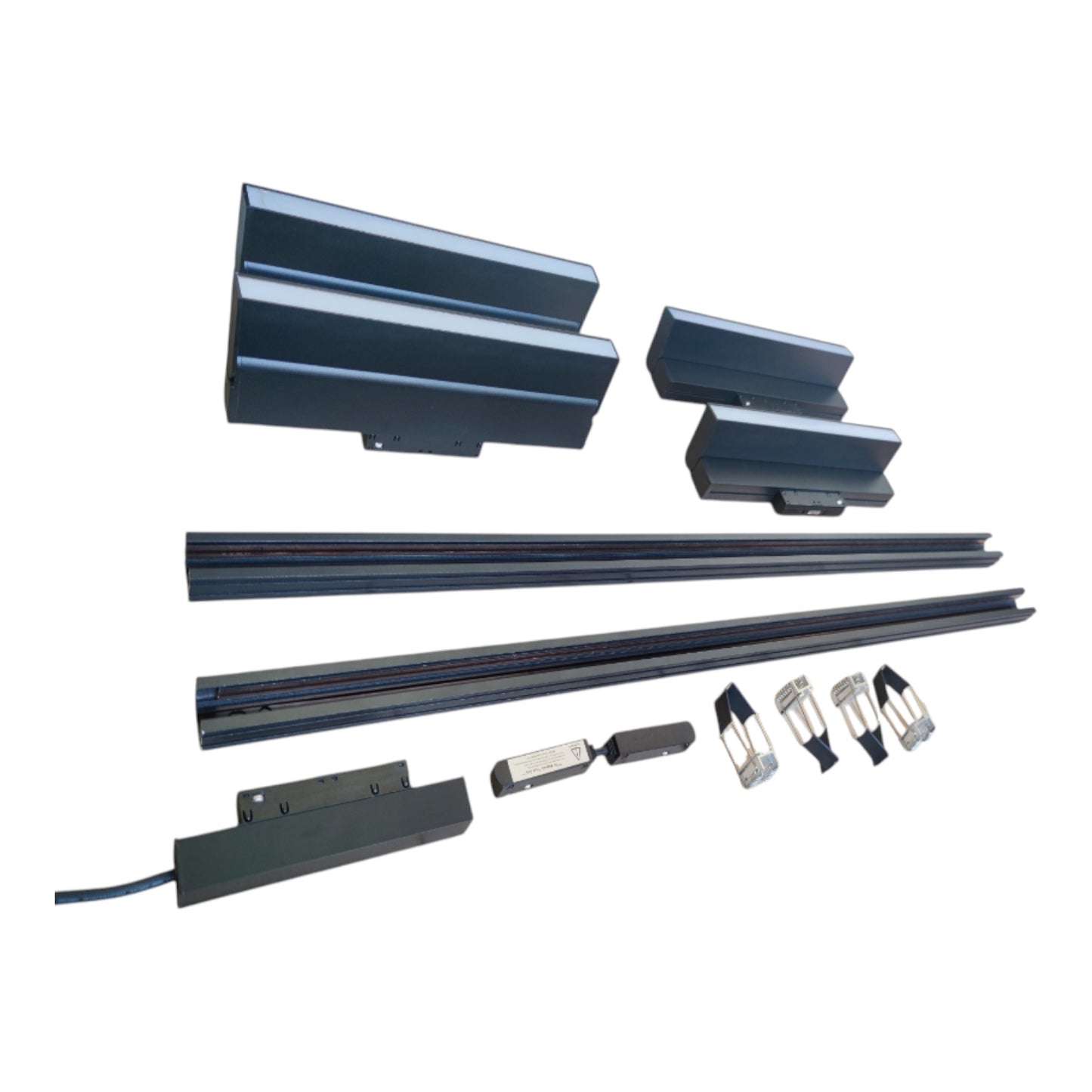 A set of dark gray metal track or guide components laid out on a plain white background, including several long rails, rectangular brackets, and small hardware pieces.