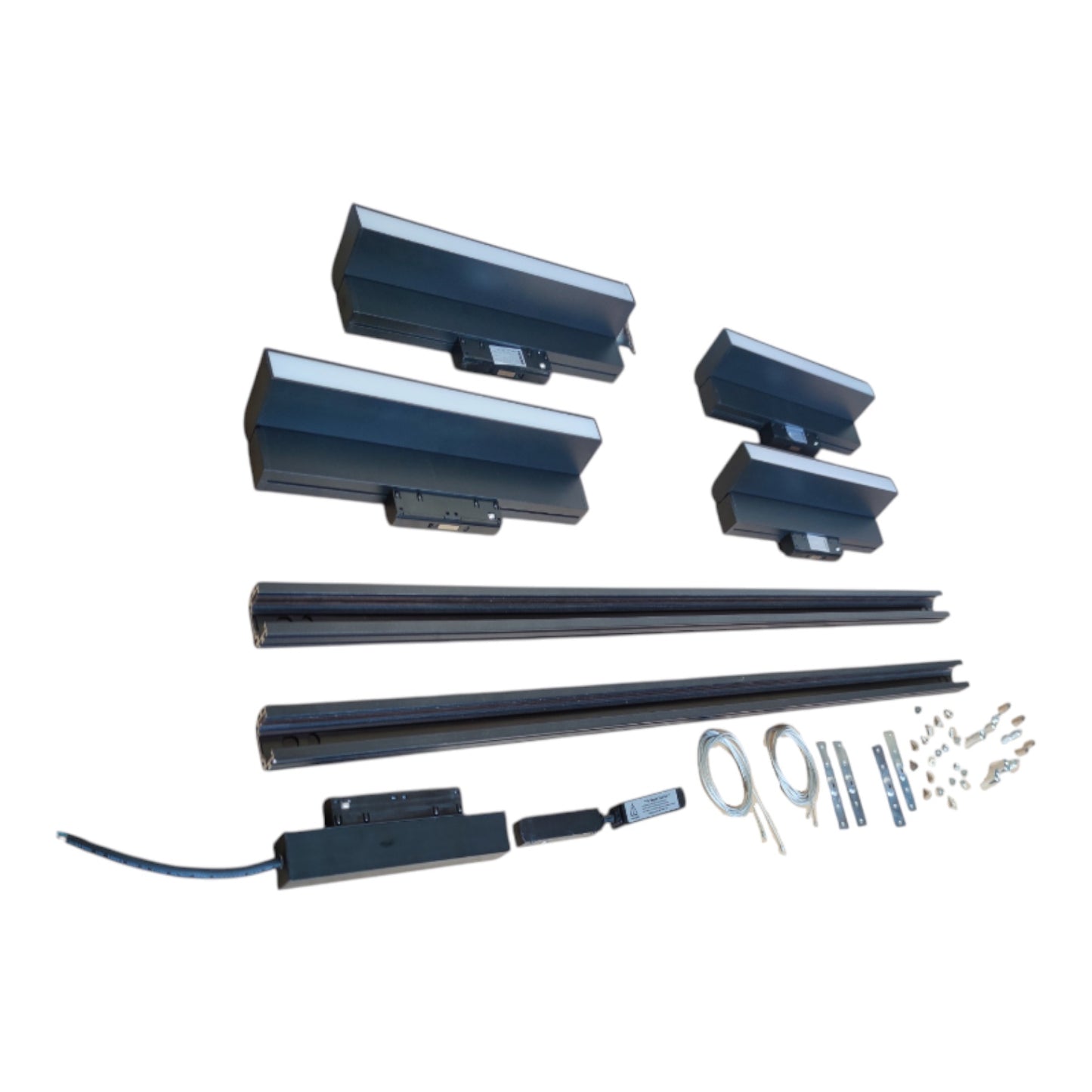 A set of dark gray metal door stoppers and mounting hardware arranged on a plain white background.