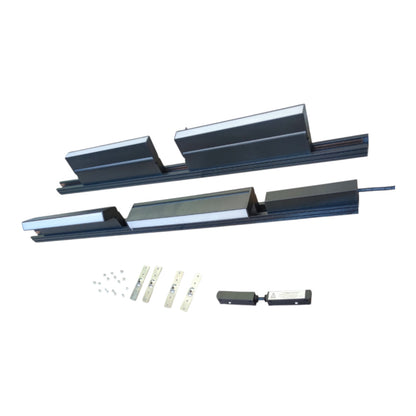 A set of dark gray metal track or rail components with silver inner panels, shown laid out on a plain white background along with small mounting hardware.