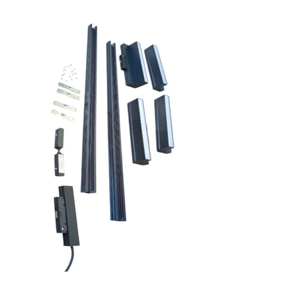 A set of dark gray metal track or guide components with mounting hardware, arranged on a plain white background.