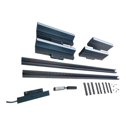 A set of dark gray metal track components, brackets, screws, and hardware arranged on a plain white background.