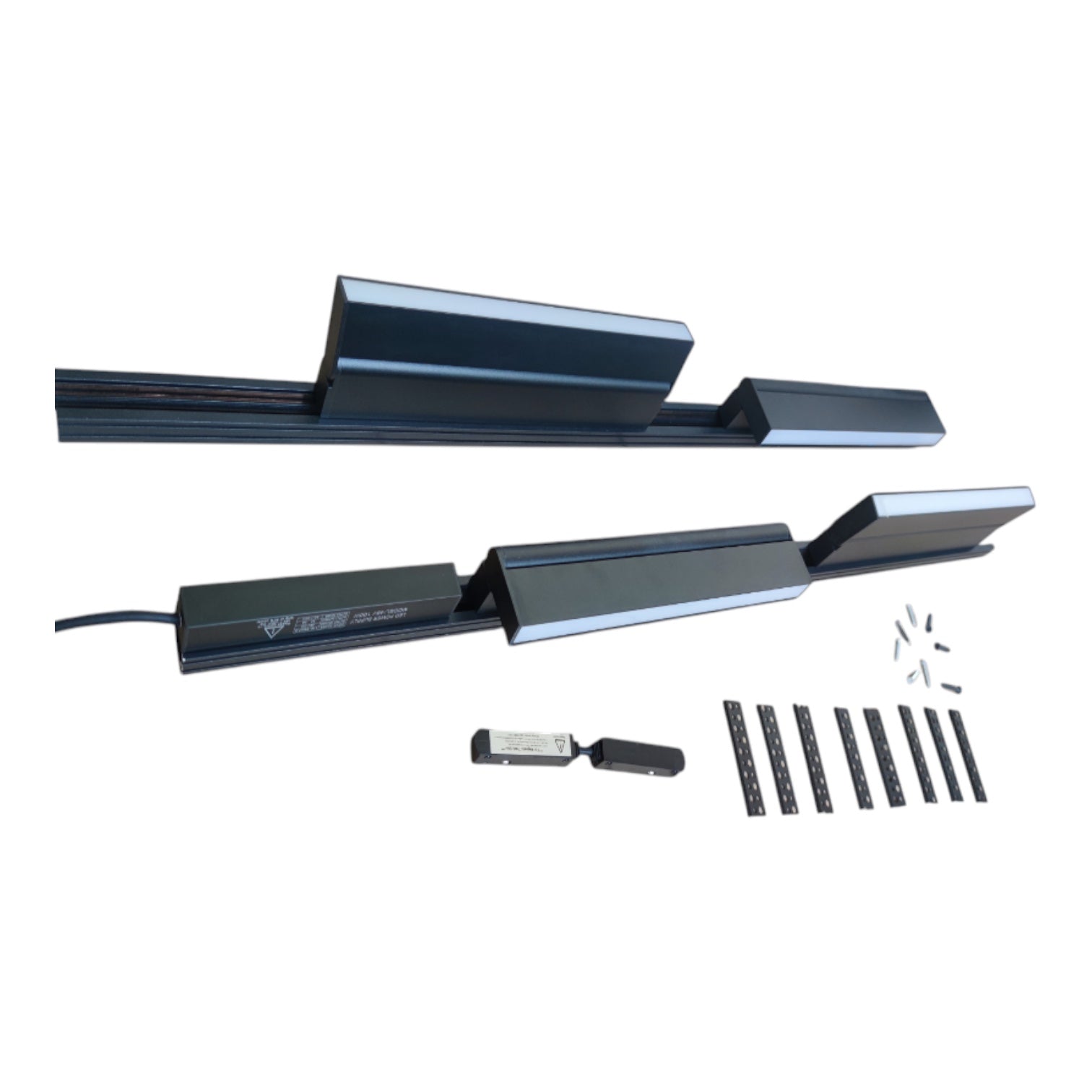 A pair of black metal stair handrails with integrated LED lighting, shown with mounting hardware, brackets, and a small control module on a plain white background.