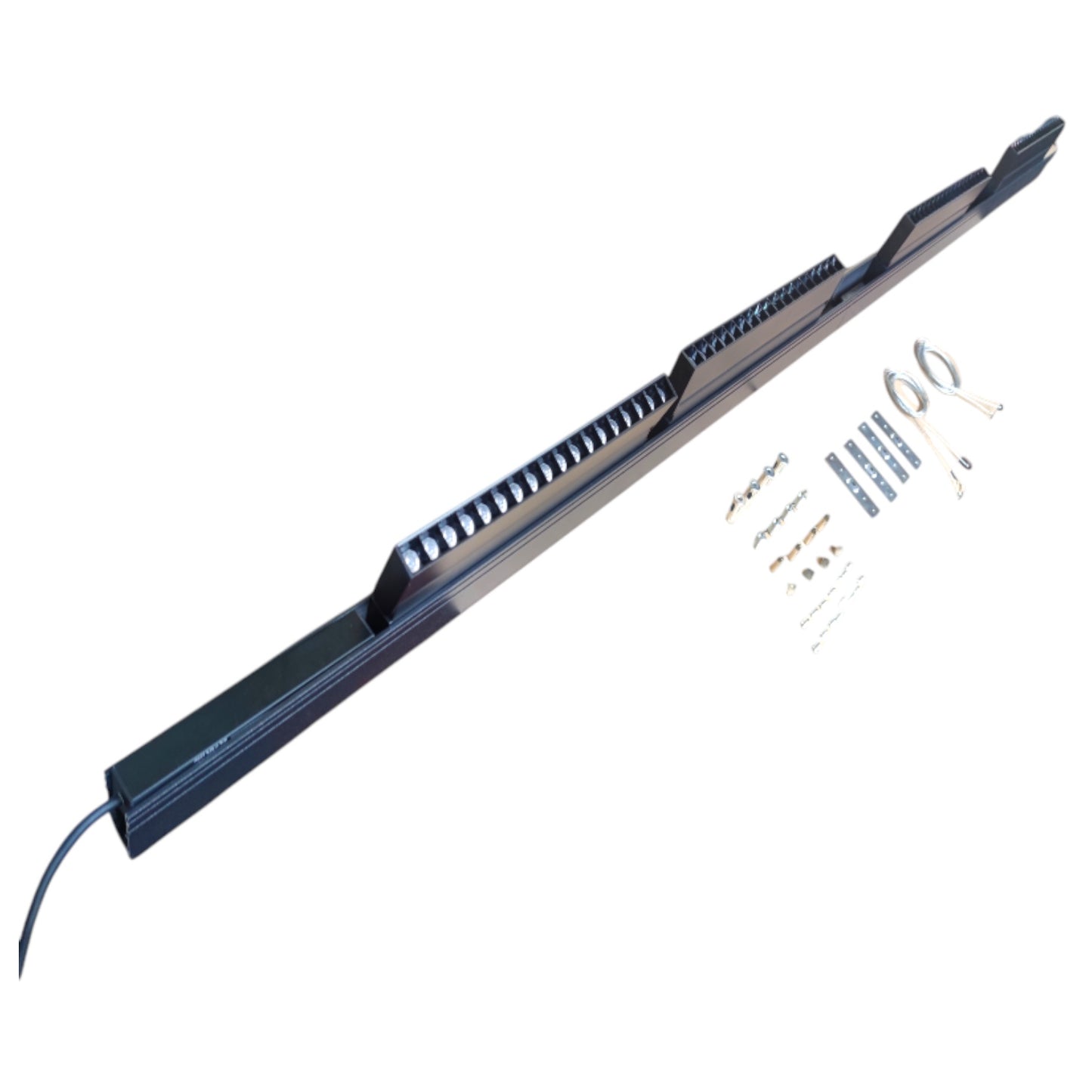 A long black metal track or rail shown diagonally on a white background, with small hardware pieces and mounting accessories arranged to the right.