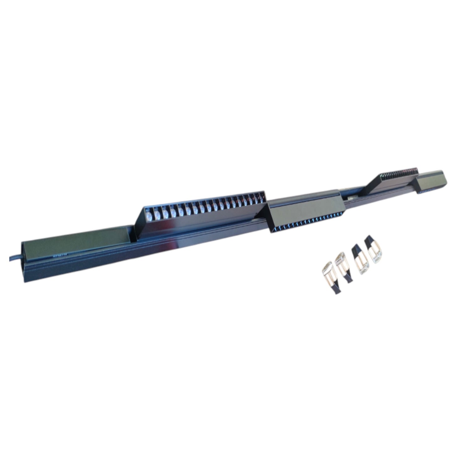 A long, narrow black metal tool or accessory with a ribbed section and a few small silver-and-black clips placed beside it, shown on a plain white background.