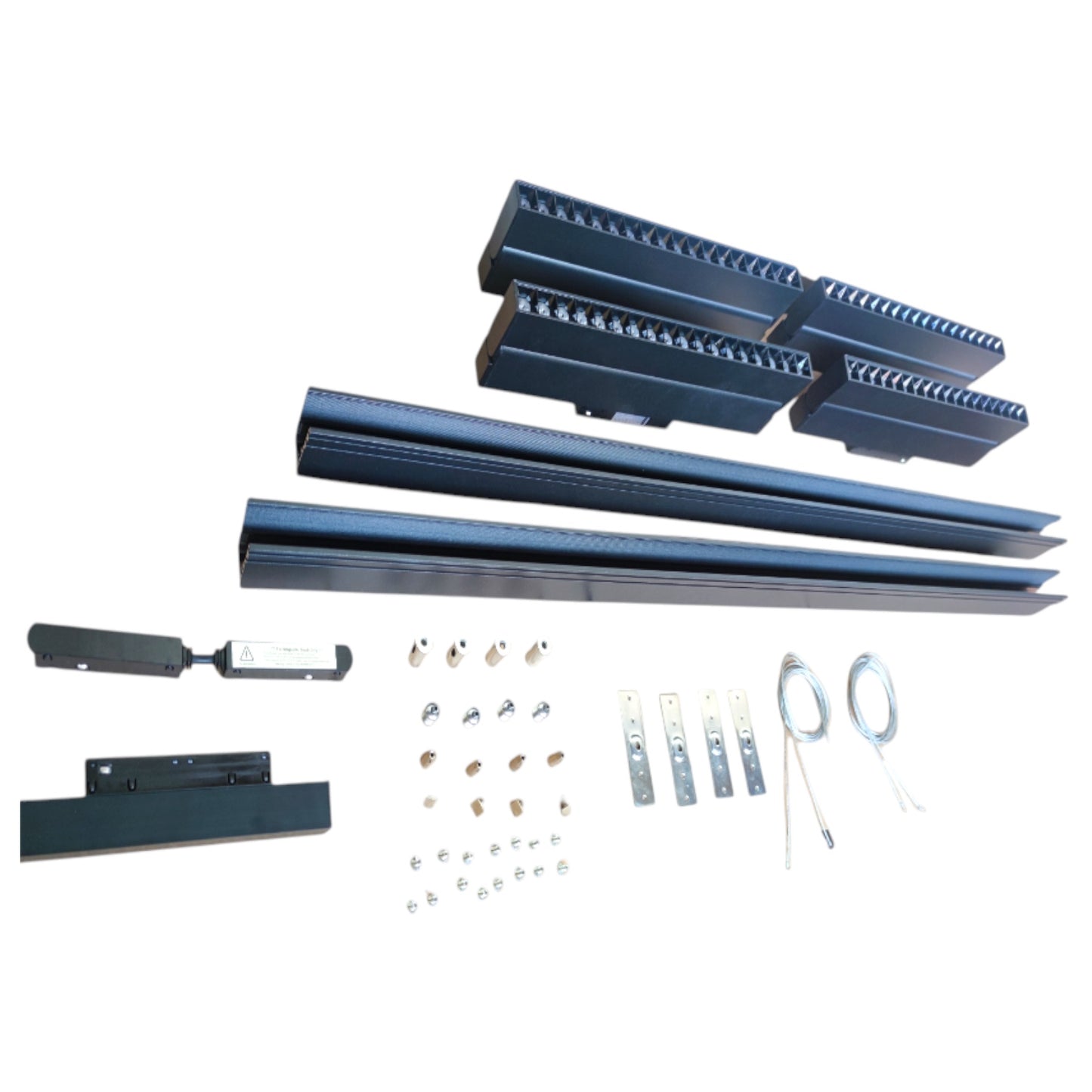A set of black metal track or guide rails with various mounting hardware, brackets, screws, and small hardware pieces, arranged on a plain white background.