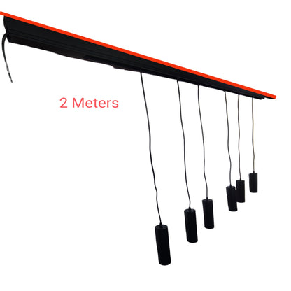 A black linear actuator or rail assembly with a red-orange edge, shown with six hanging black cylindrical weights on cords. Red text reads '2 Meters' on a plain white background.