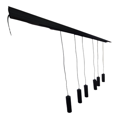 Black retractable awning with six hanging cylindrical shades, shown against a plain white background.
