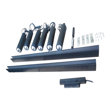 A set of black linear LED track lights with five adjustable cylindrical heads, two long mounting rails, a power supply, and mounting brackets on a plain white background.