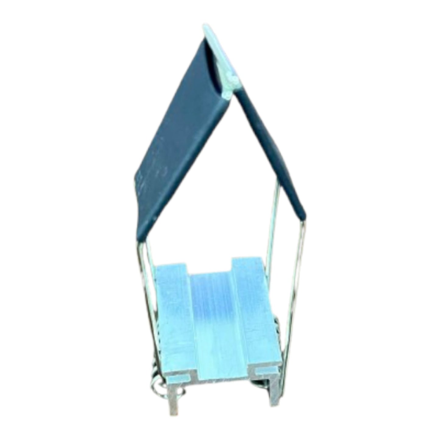 A small metal step ladder with a dark blue triangular roof or canopy and a light blue striped step surface, shown on a plain white background.