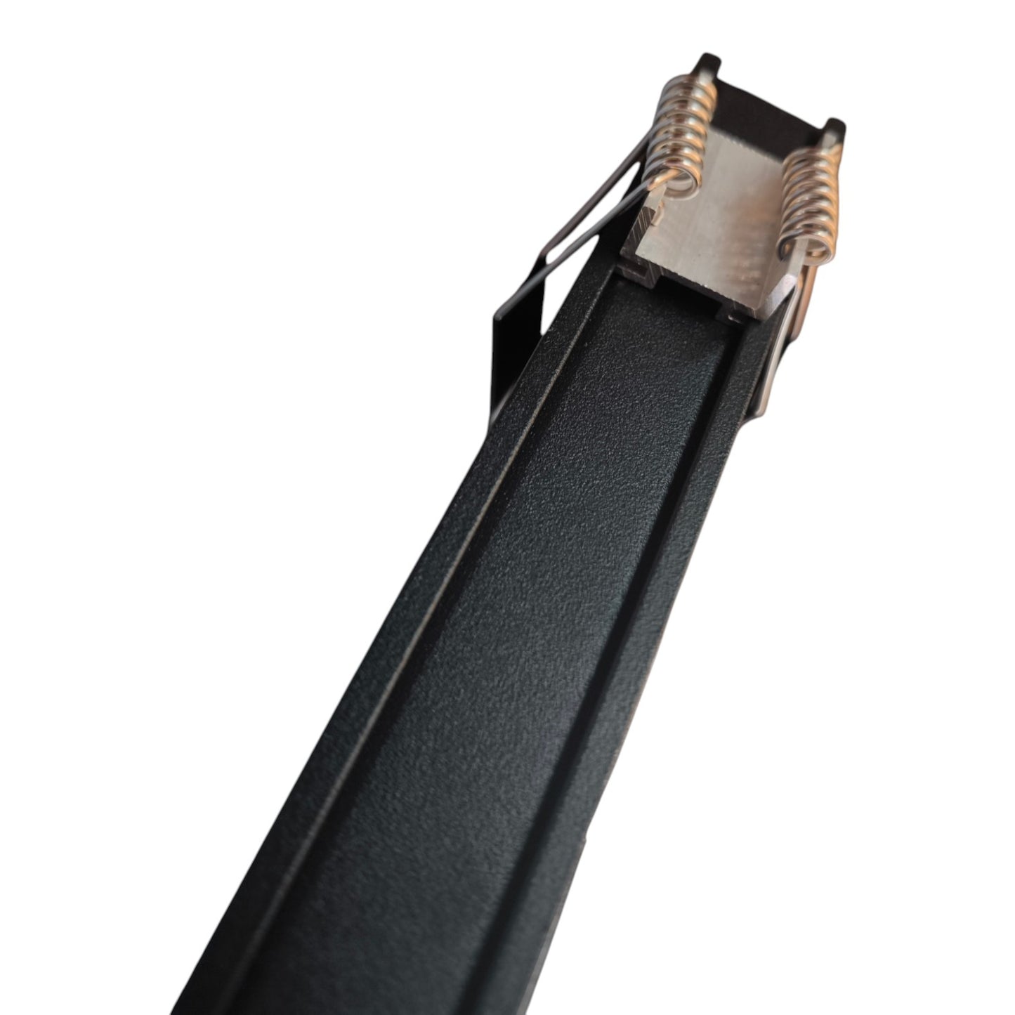 Close-up of a black textured metal track or guide with a spring-loaded bracket mechanism, isolated on a white background.