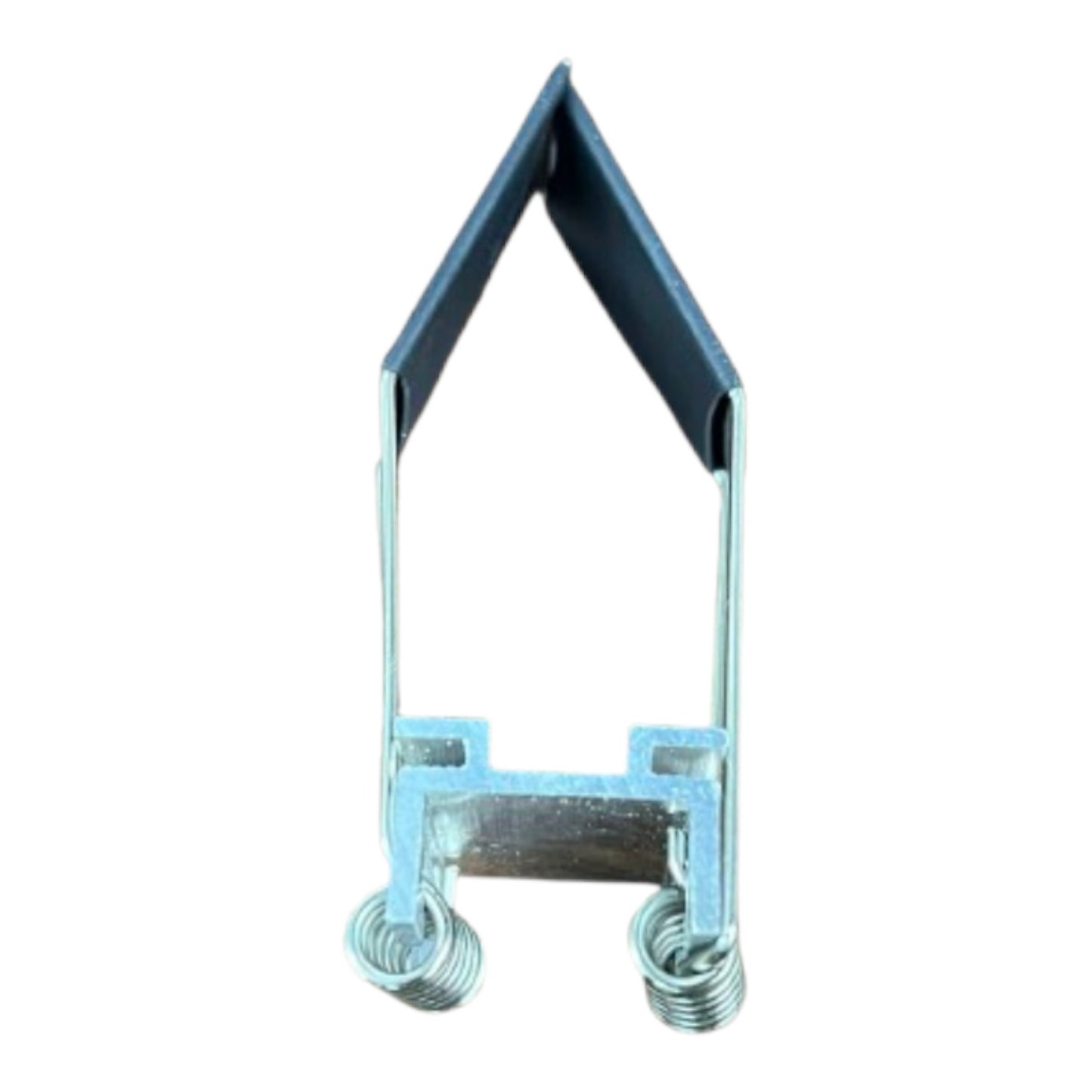 A small metal mechanical component with a dark triangular top section, silver vertical arms, and two coiled springs at the bottom, isolated on a white background.
