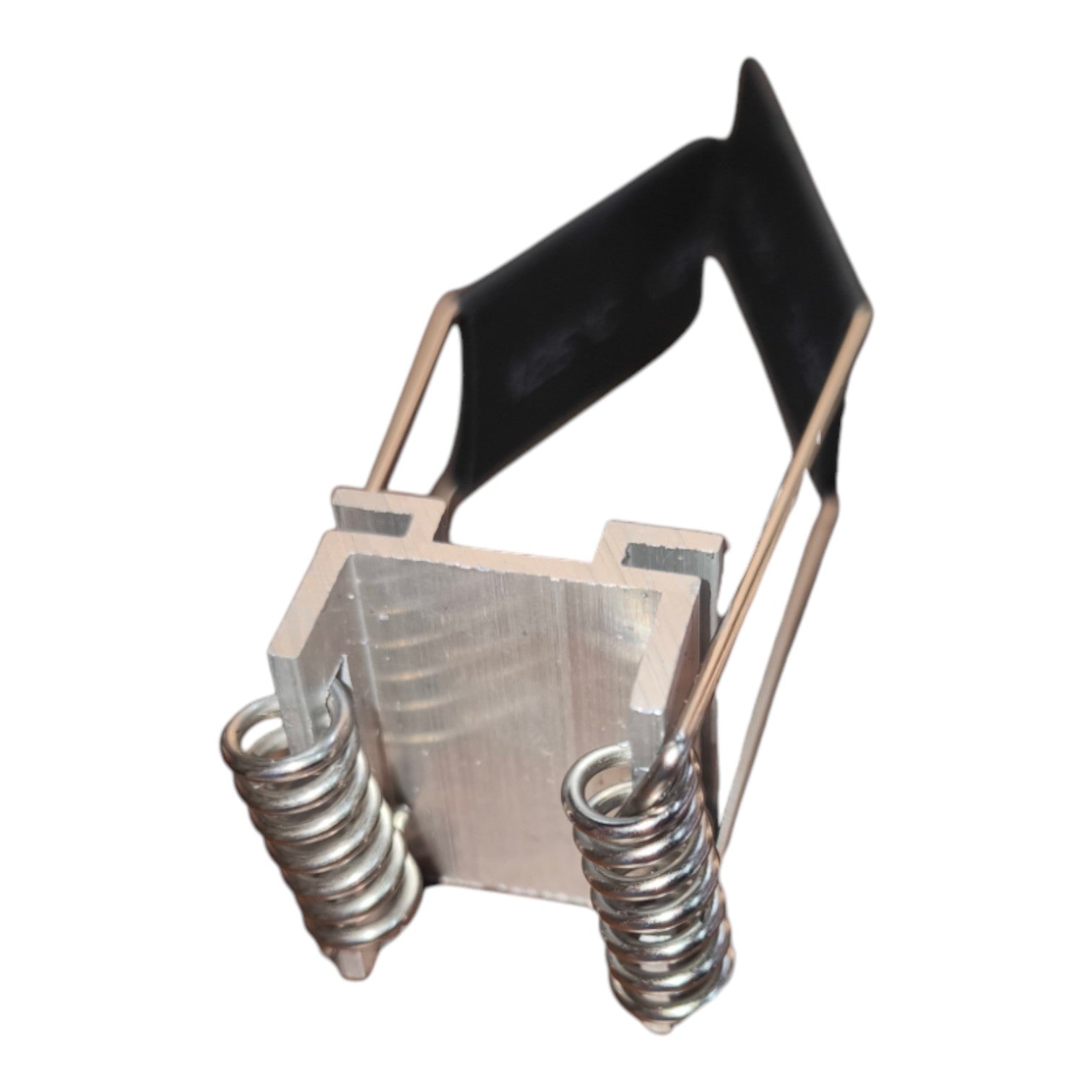 A small metal mechanical component with a silver aluminum block, two coiled metal springs, and a black curved strip attached by thin metal rods, shown on a plain white background.