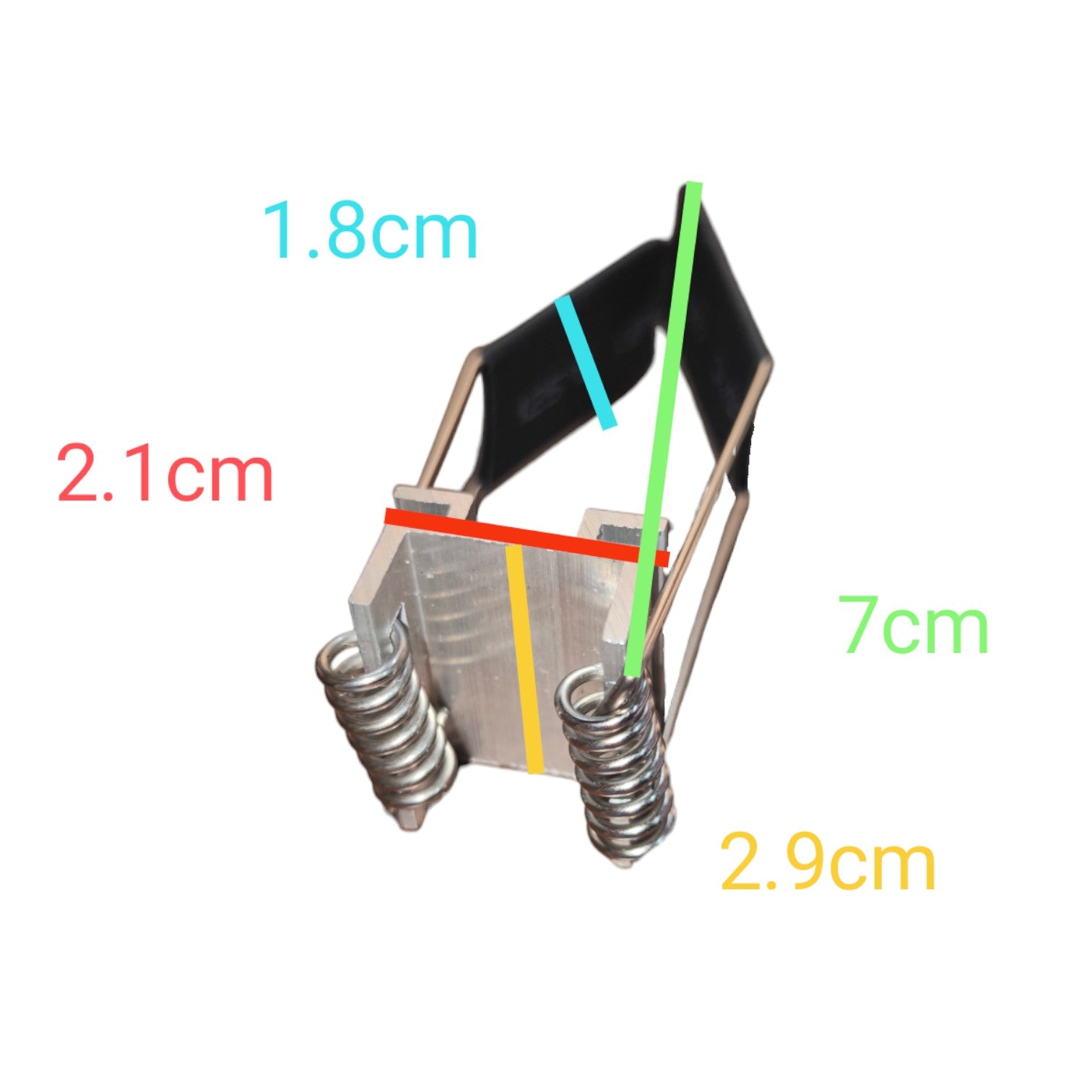 A small metal spring-mounted accessory shown on a white background with colored measurement labels and lines indicating dimensions: 1.8cm, 2.