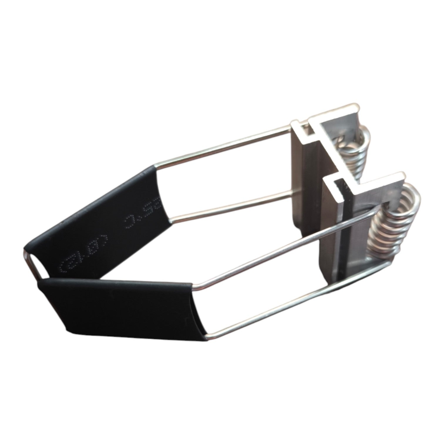 A metal spring clamp with black rubber pads and silver metal springs, isolated on a white background.