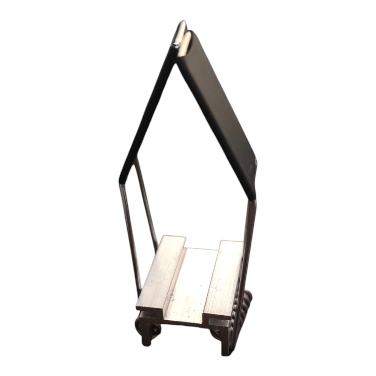 A black metal A-frame step ladder with light-colored wooden steps, isolated on a white background.