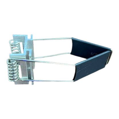 A small metal spring-loaded clamp or latch component with a dark blue-gray triangular frame and silver metal arms and spring, isolated on a white background.
