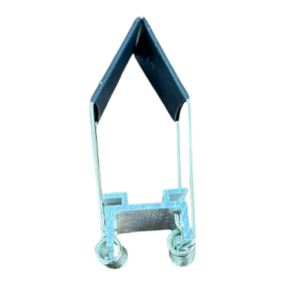 A small metal electrical component or connector with a dark blue triangular top section and silver metal legs and base, isolated on a white background.