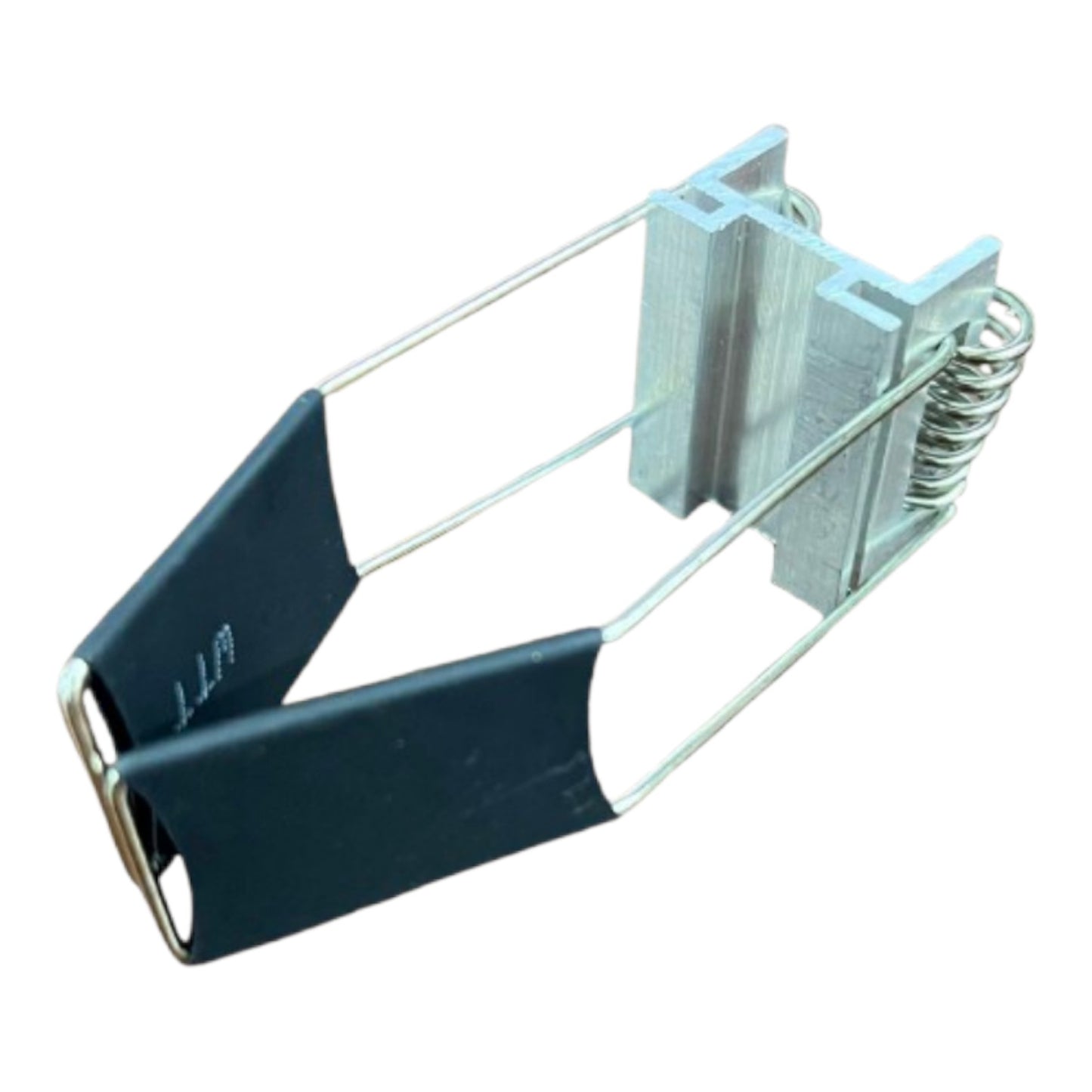 A metal spring clamp with black rubberized grips on the handles, shown on a plain white background.