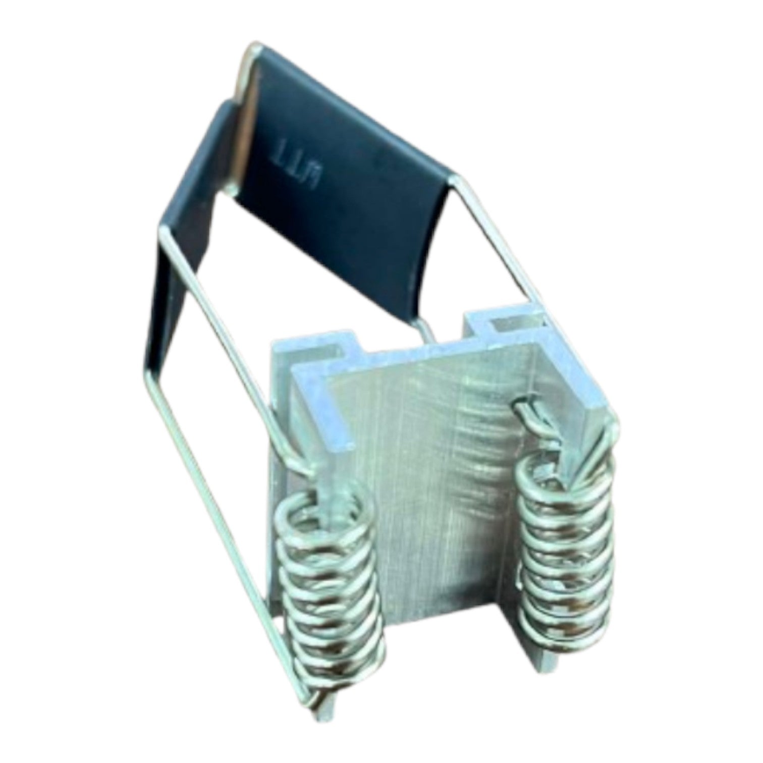 A small electronic component featuring a silver aluminum heat sink with two coiled springs on the sides and a black metal tab on top printed with the white text 'LUR'.