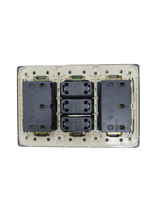 Omni 3 Gang 3 Way Switch with 4 Gang Universal Outlet with Ground Graphite Dark Gray 16A 250V DWP-119G+2XDWU-402G+3XDWS-223G
