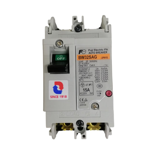 Fuji MCCB Molded Case Circuit Breaker BW32SAG-CE 15A 2Pole 5kAIC@230VAC, 2.5kAIC@380/440VAC,  1.5kAIC@500VAC  Dimension 50(W)x 100(H)x 60(D)