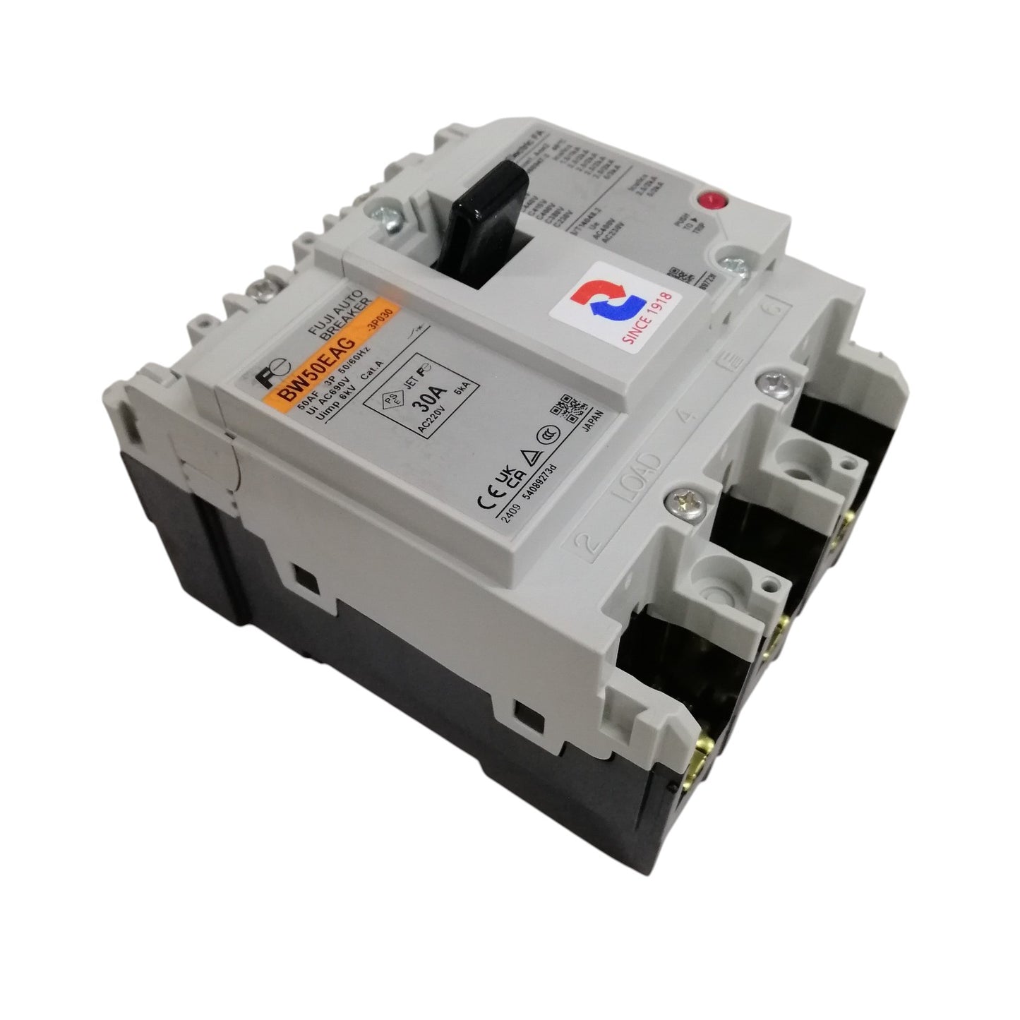 Fuji MCCB Molded Case Circuit Breaker BW50EAG-CE 30A 3Pole 5kAIC@230VAC, 2.5kAIC@380/440VAC, 1.5kAIC@500VAC Dimension (mm )75(W)x 100(H)x 60(D)