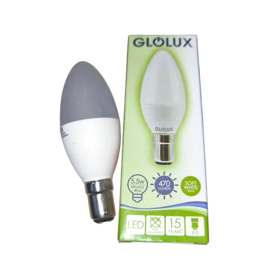 Glolux 5.5W LED Candle Bulb B15 Socket Warm White 3000K 470 Lumens Non- Dimmable