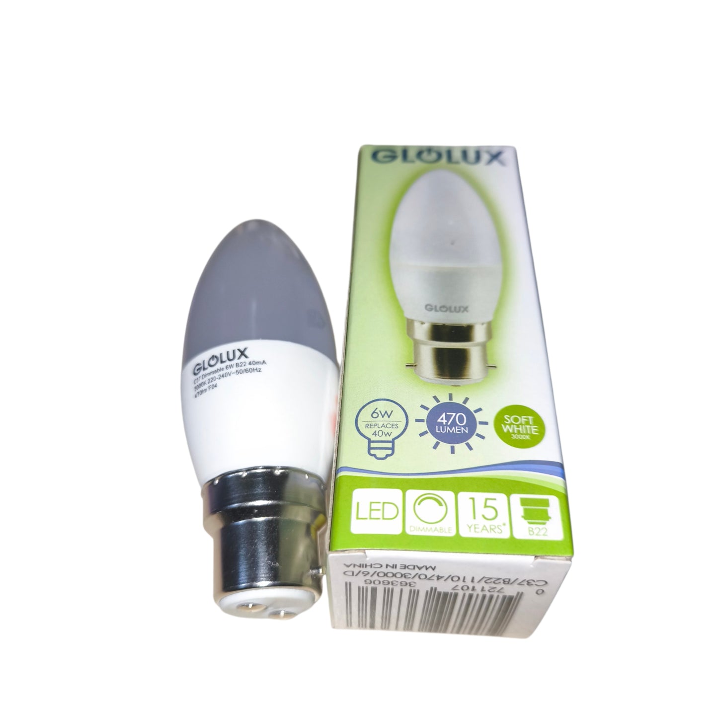 Glolux 6W LED Candle Bulb B22 Socket Warm White 3000K 470 Lumens Non-Dimmable