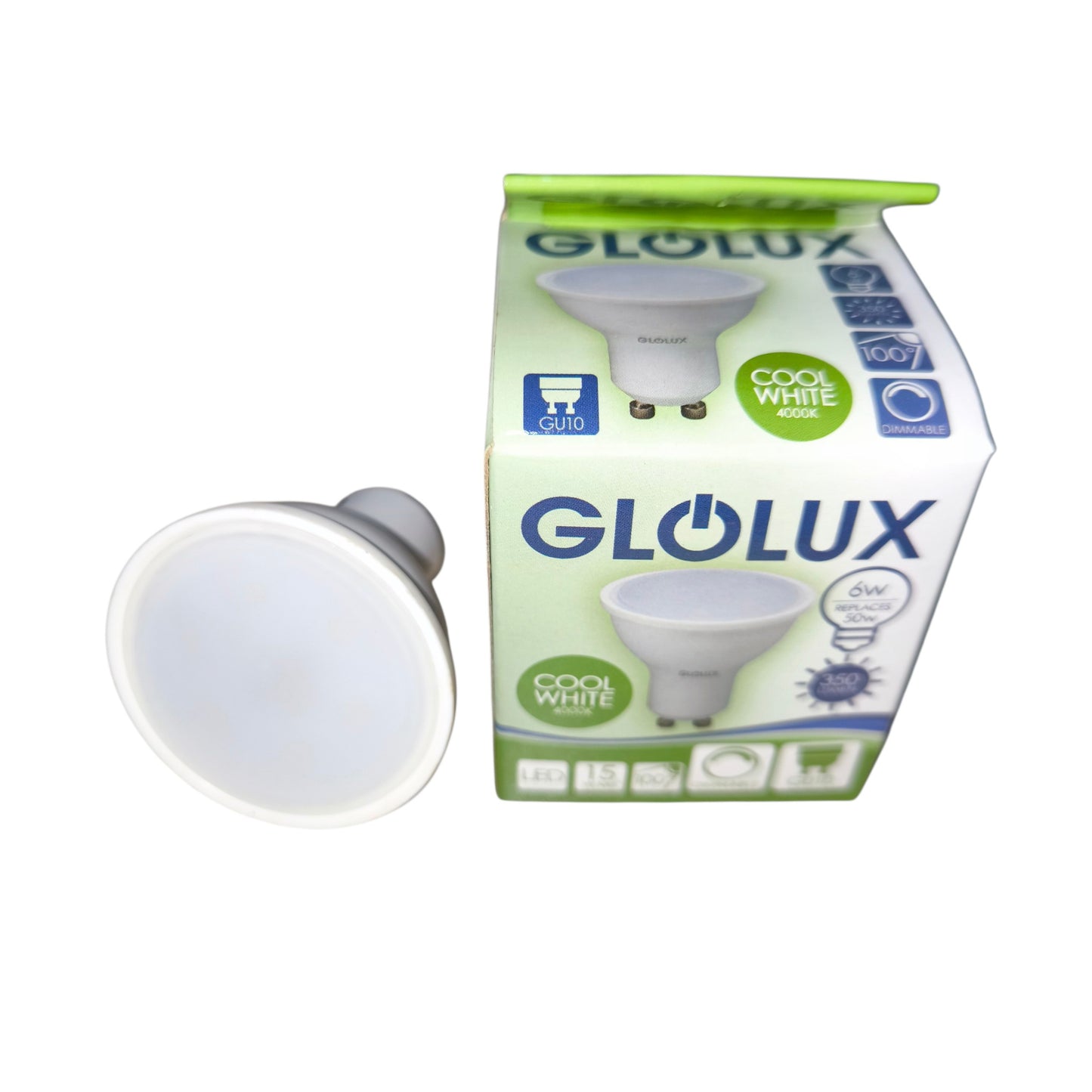 Glolux 6W MR16 GU10 220V Cool White 4000K 100 Degrees Angle 350 Lumens Dimmable