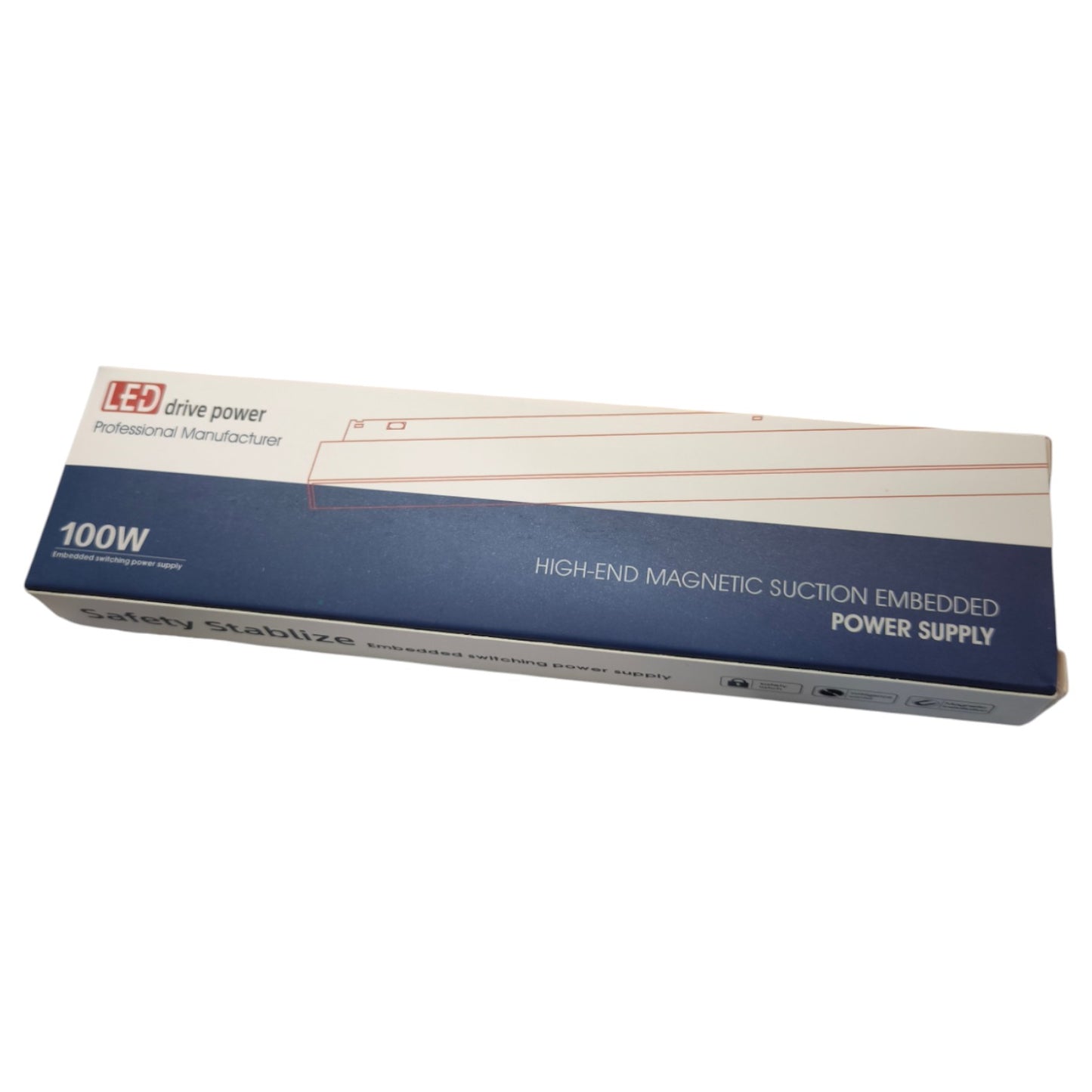 Power supply box with branding and specifications on a white background