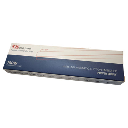 Power supply box with branding and specifications on a white background