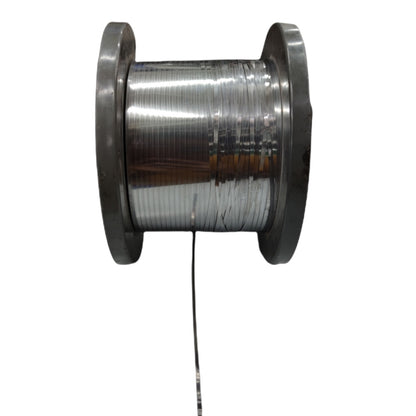 A spool of metallic silver wire wound on a dark gray metal core, shown against a plain white background.