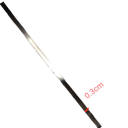 A close-up of a thin black strip or ribbon shown diagonally on a white background, with a red measurement label reading 0.3cm.