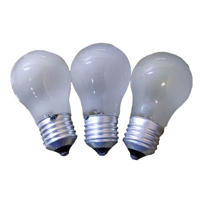 Three classic A19-style frosted glass light bulbs with silver screw bases, arranged side-by-side on a plain white background.