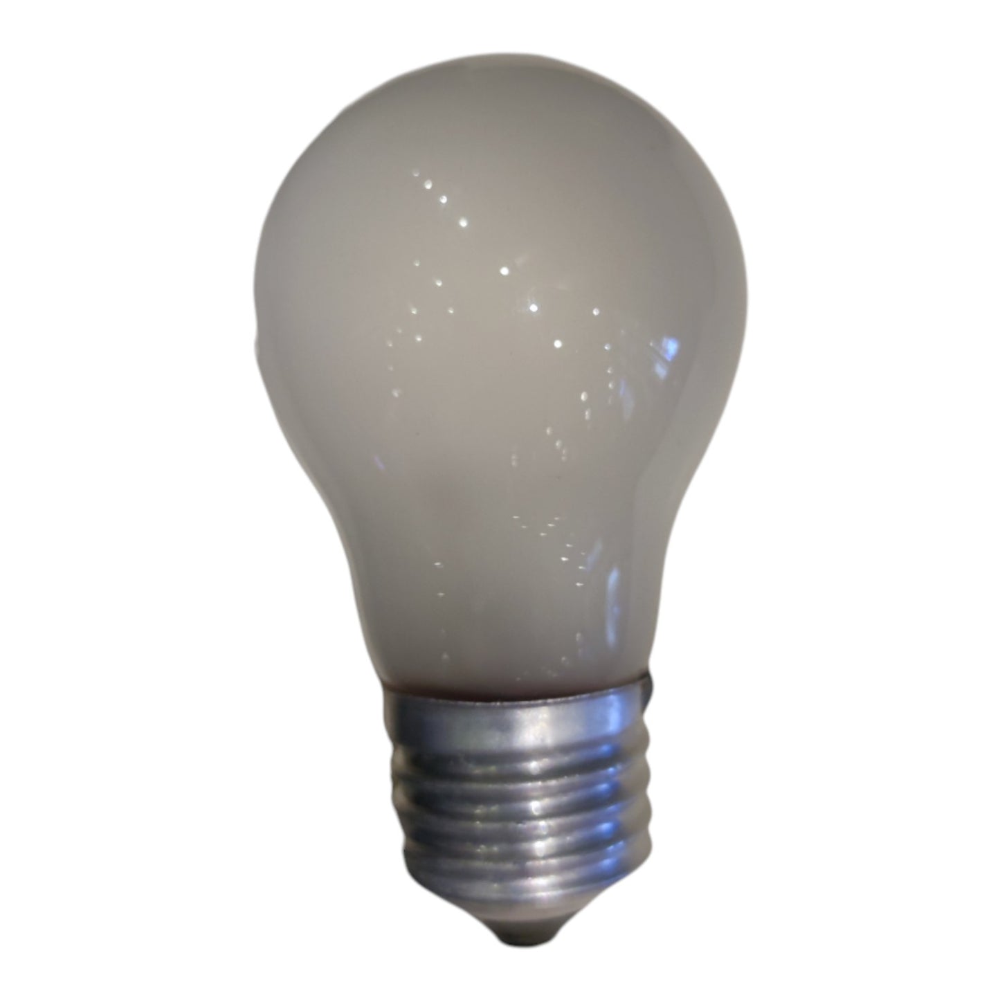 A standard frosted glass light bulb with a silver metal screw base, isolated on a white background.