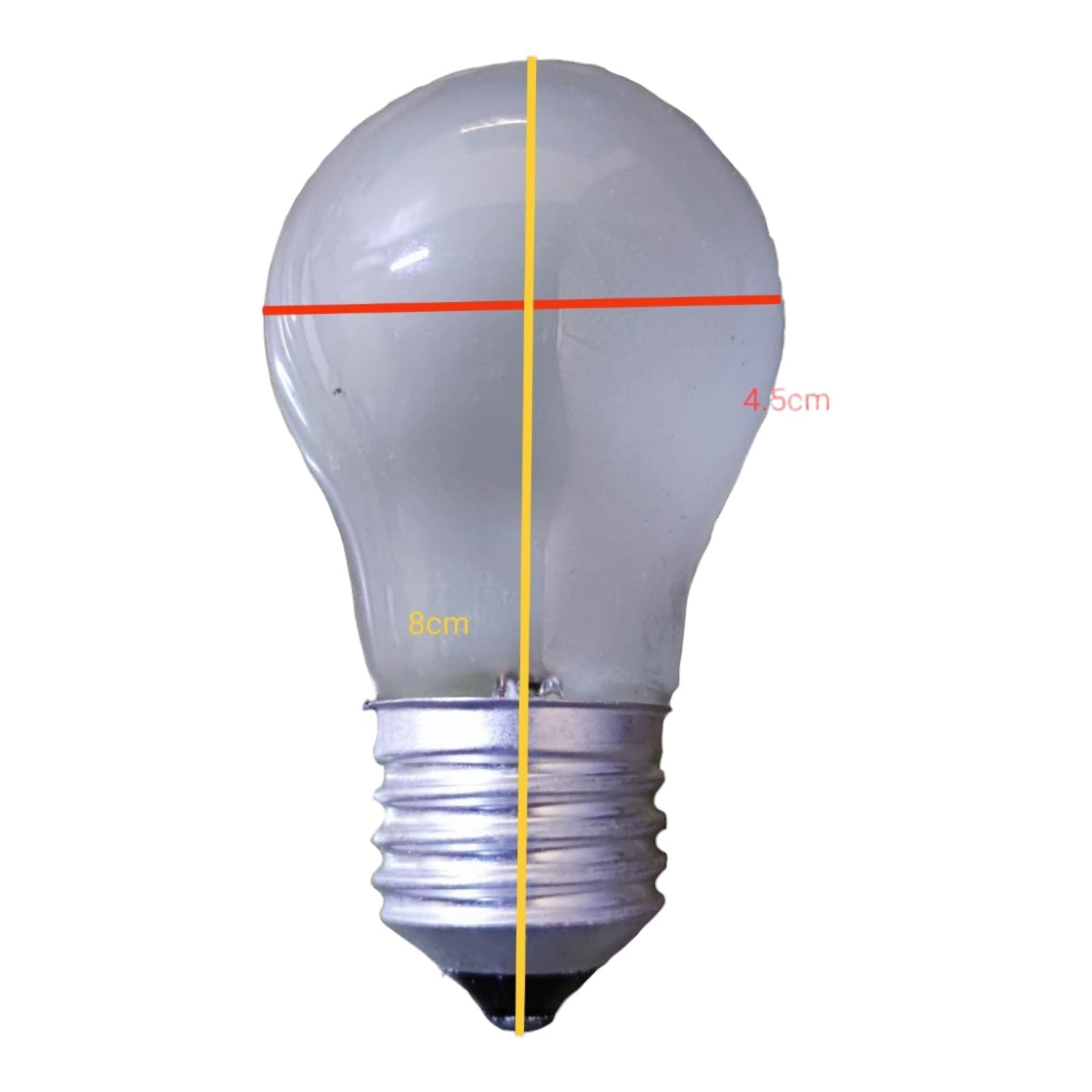 A frosted white light bulb with a silver screw base on a white background, overlaid with dimension lines and text indicating 4.5 cm width, 6 cm height, and overall 8 cm diameter.