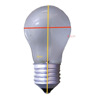 A frosted white light bulb with a silver screw base on a white background, overlaid with dimension lines and text indicating 4.5 cm width, 6 cm height, and overall 8 cm diameter.
