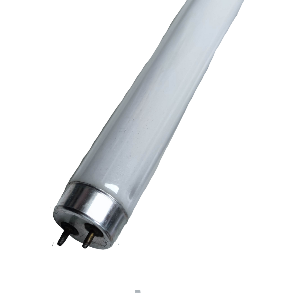 Irisram 36W T8 yellow fluorescent tube with metal pins on a white glass tube against black background