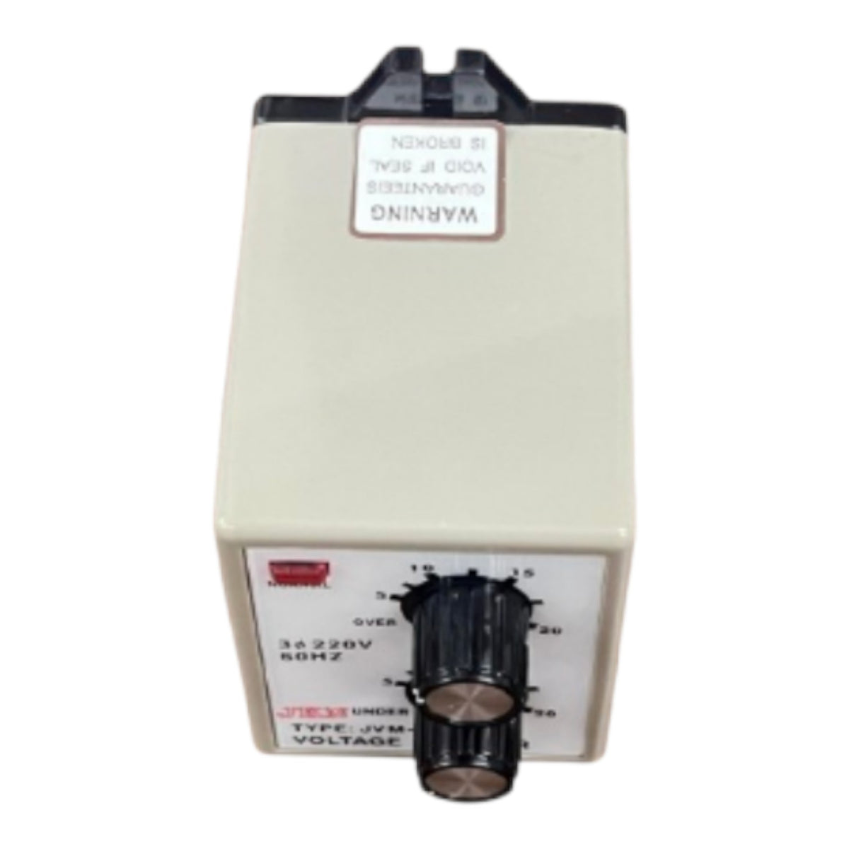 A small electrical control box with a beige plastic housing, a black rotary dial, and warning labels on the front, isolated on a white background.