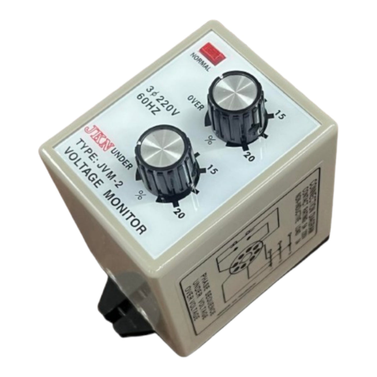 A Javan Type JVM-2 Voltage Monitor electronic device with a beige plastic housing, white faceplate, and two black rotary knobs with silver metal centers, shown on a plain white background.
