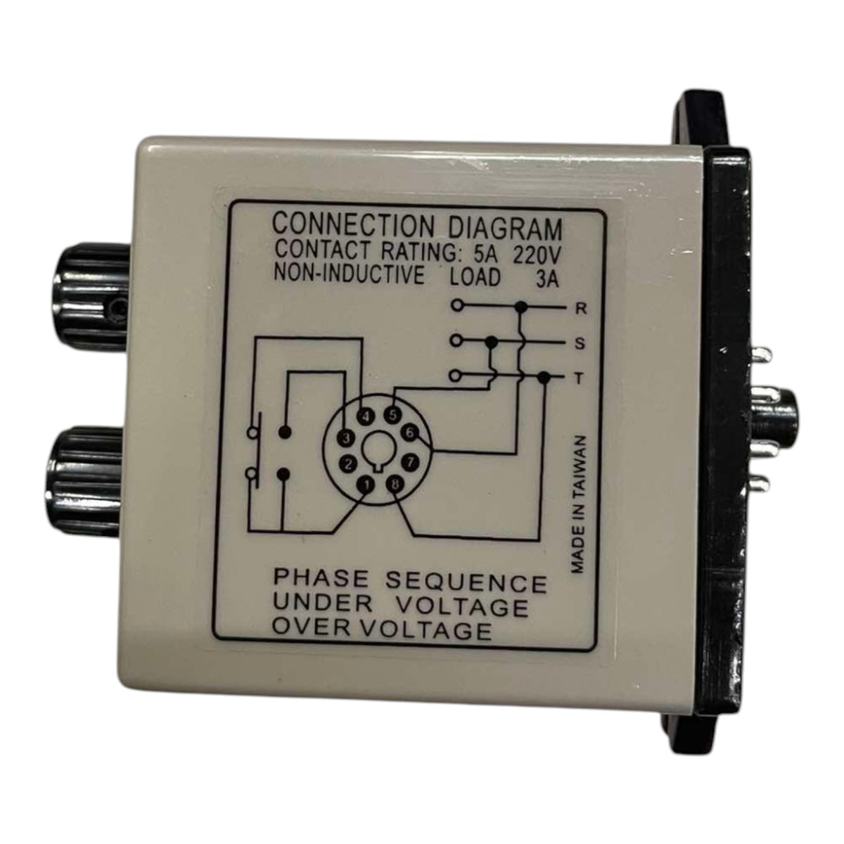 A small electrical component with a beige plastic housing and black metal terminals, printed with a connection diagram and technical specifications on the front.