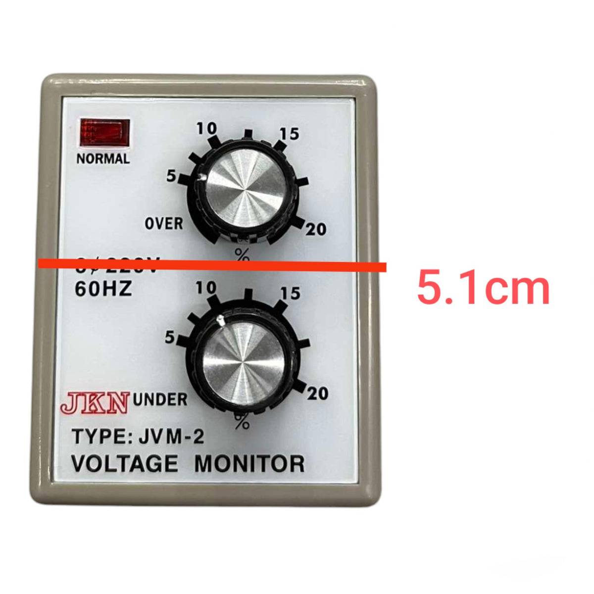A JKN under-type JVM-2 voltage monitor control panel with two black and silver adjustment knobs on a white faceplate, shown on a white background with a red measurement overlay indicating 5.1cm.