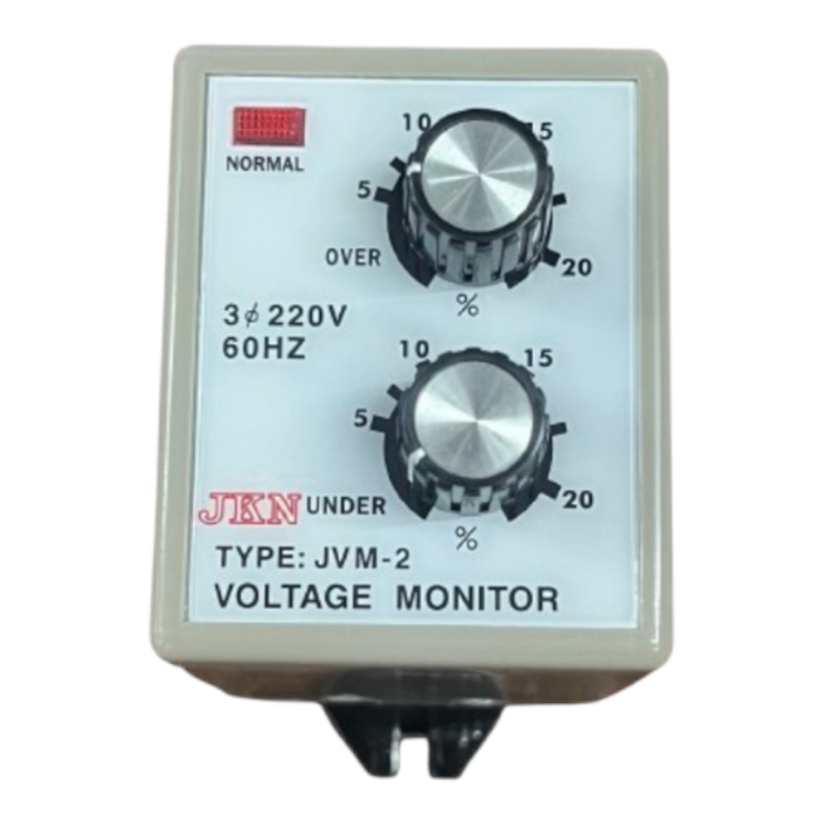 A JKN Voltage Monitor (JVM-2) electrical control device with two black rotary knobs and a silver metallic faceplate, set against a plain white background.