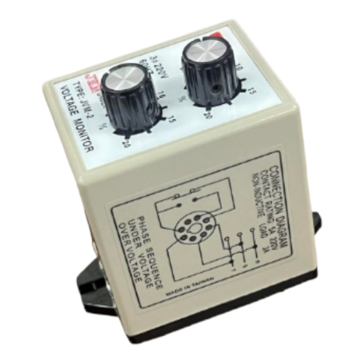 A vintage-style voltage monitor electrical device with a cream-colored casing, black knobs, and printed technical labels and diagrams on the front, photographed on a plain white background.