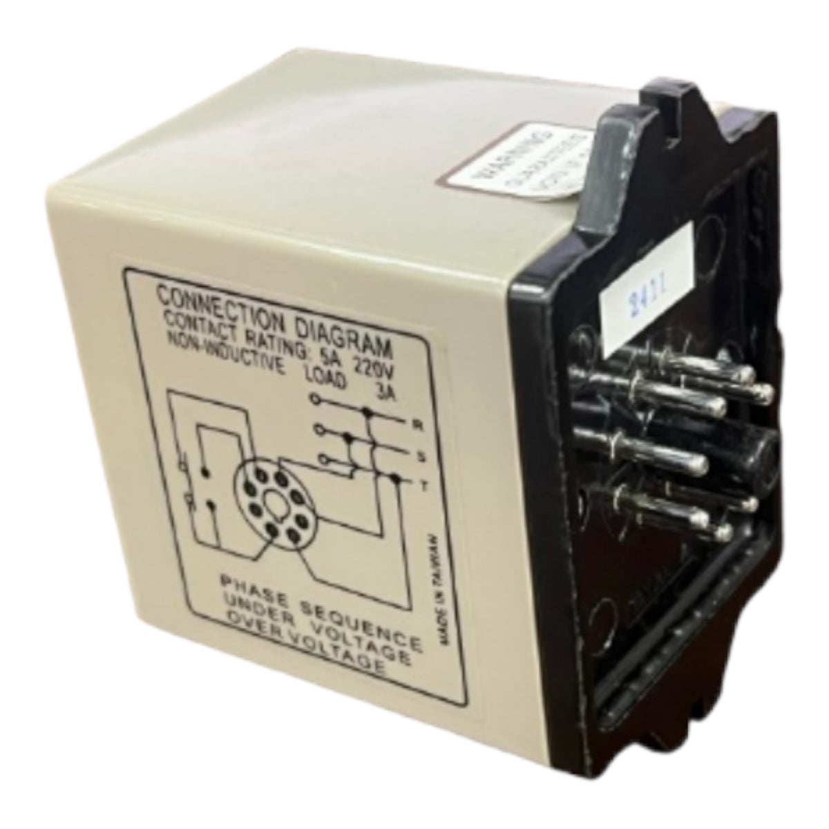 A vintage industrial electrical contact relay with a beige plastic housing, black internal mechanism, and multiple metal terminals on the side, featuring printed connection diagram labels.