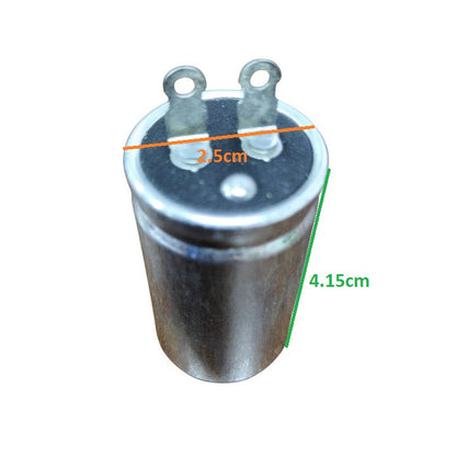 250V AC motor running capacitor with metal casing and two connection terminals for electrical projects
