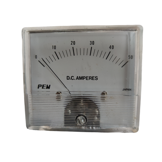 50A DC Panel Meter 60mm x 60mm from Japan measuring DC amperes with clear analog display